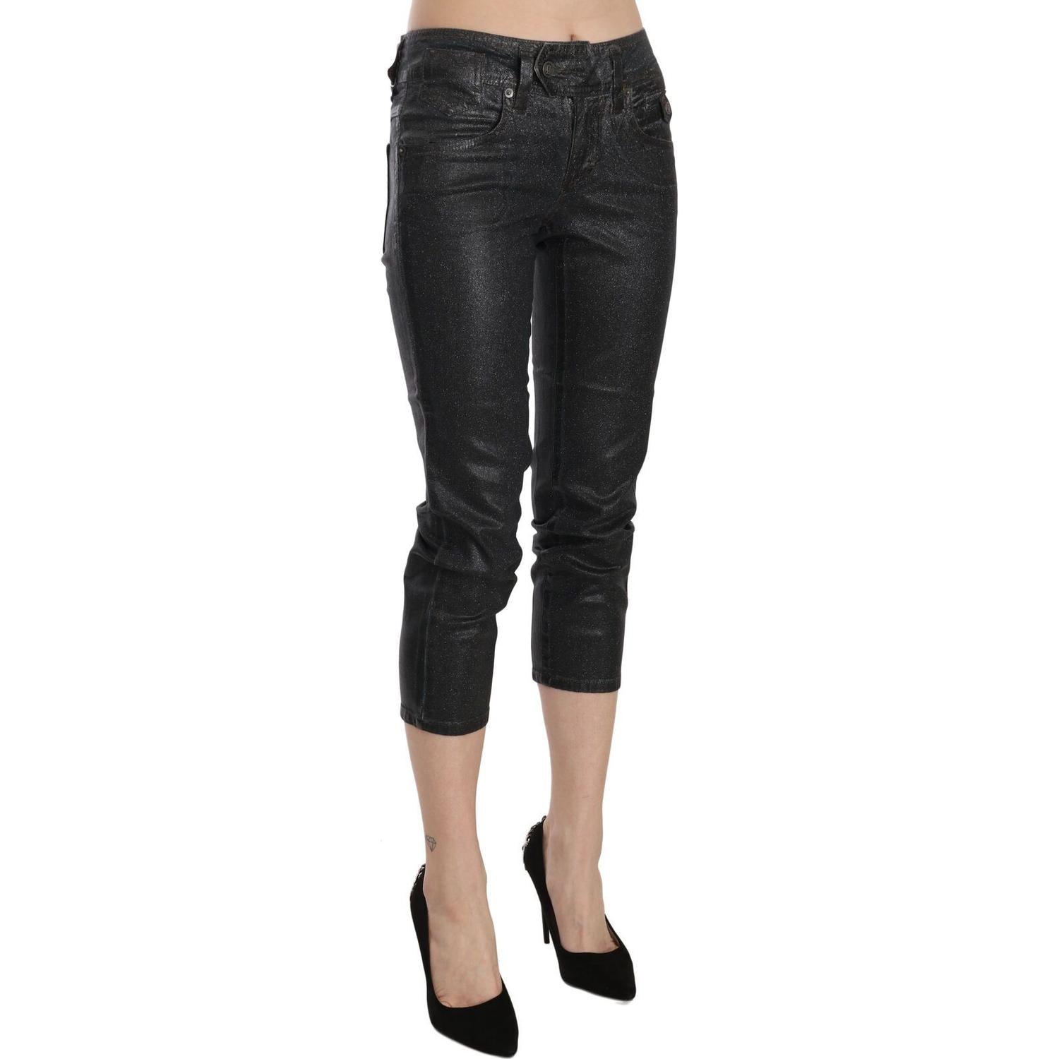 John Galliano Black Washed Mid Waist Slim Leg Cropped Denim Pants