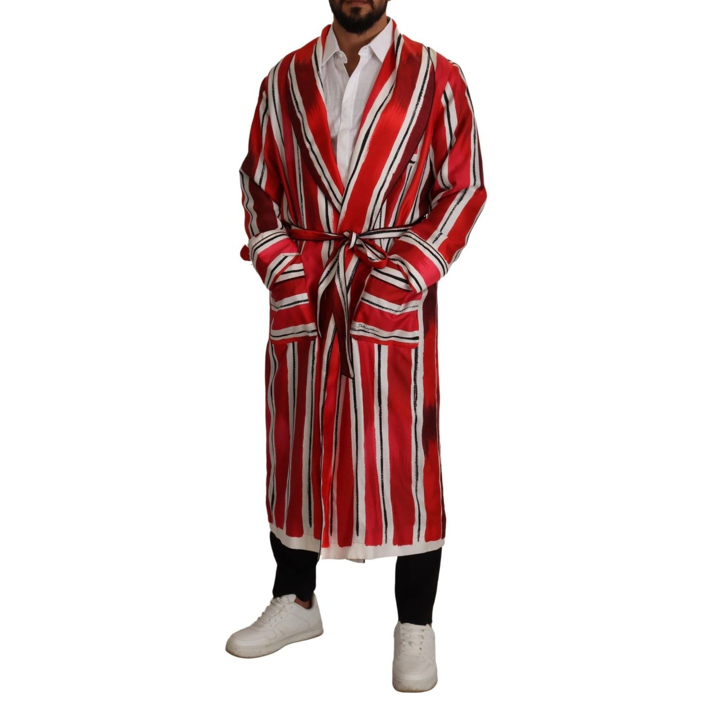 Dolce & Gabbana Red White Striped Silk Mens Night Gown Robe