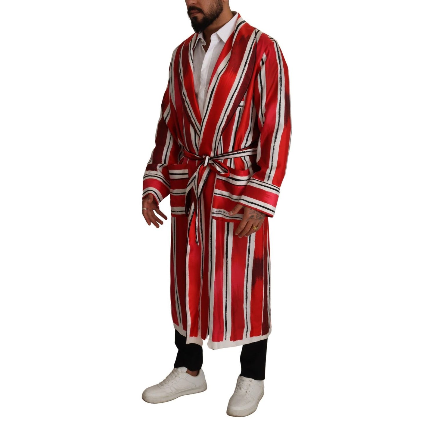 Dolce & Gabbana Red White Striped Silk Mens Night Gown Robe