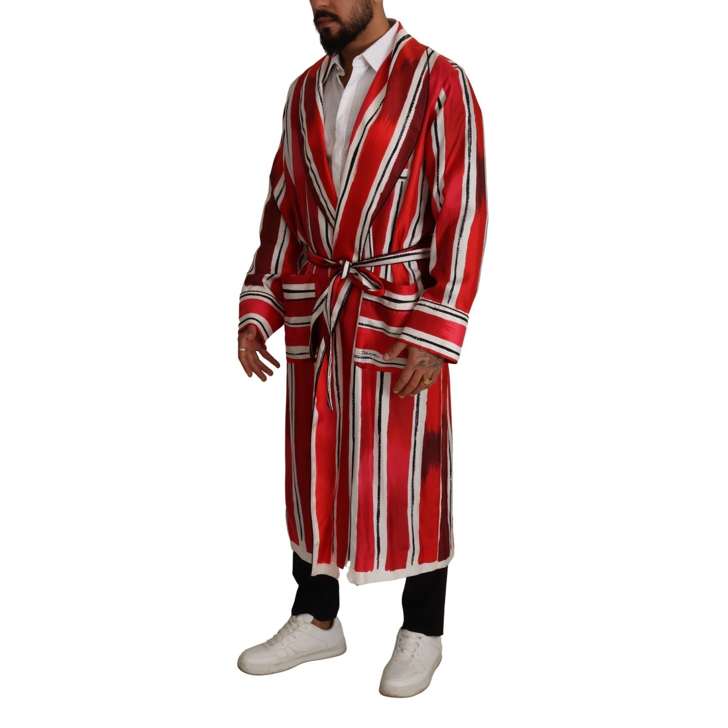 Dolce & Gabbana Red White Striped Silk Mens Night Gown Robe