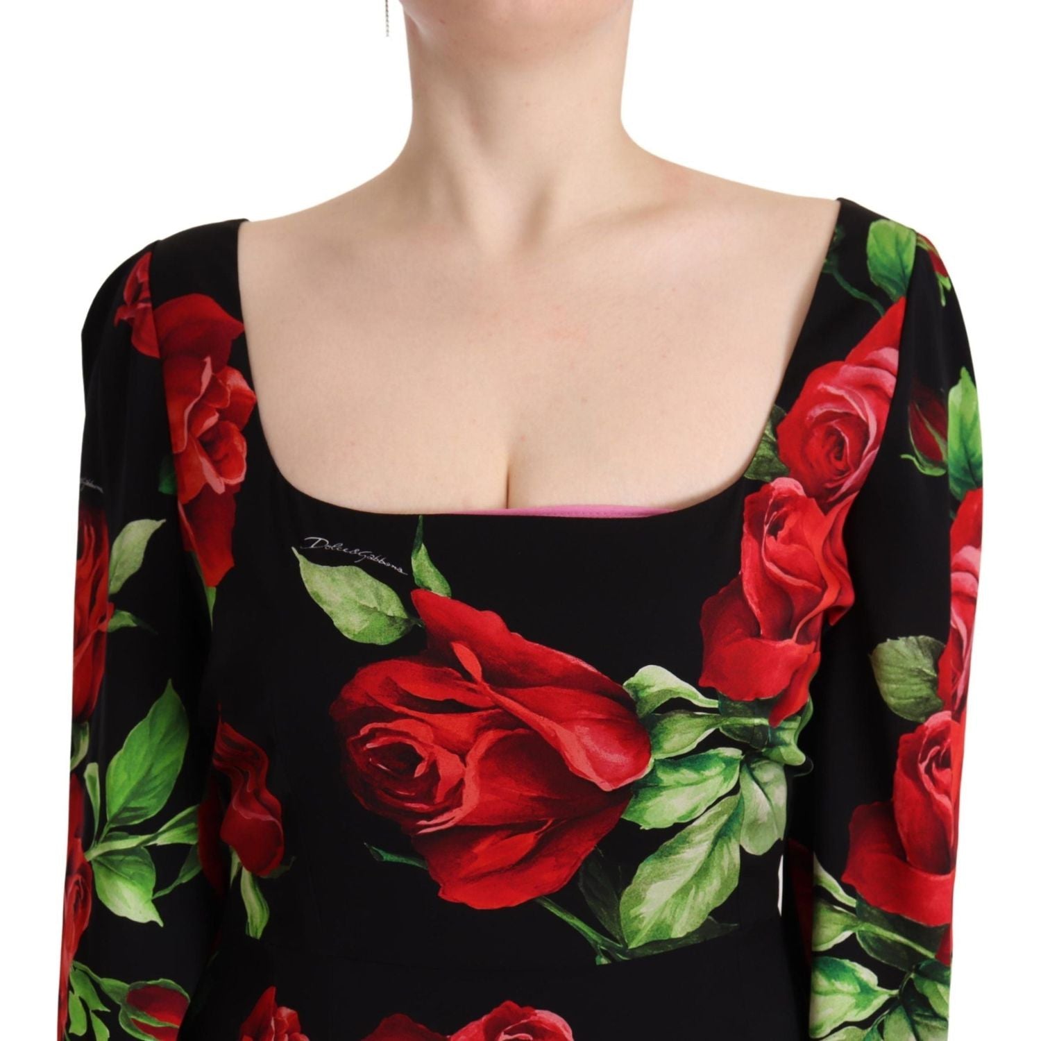 Dolce & Gabbana Black Red Roses Sheath Stretch Silk Dress
