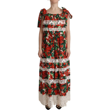 Dolce & Gabbana Multicolor Geranium Print Lace Long Maxi Dress