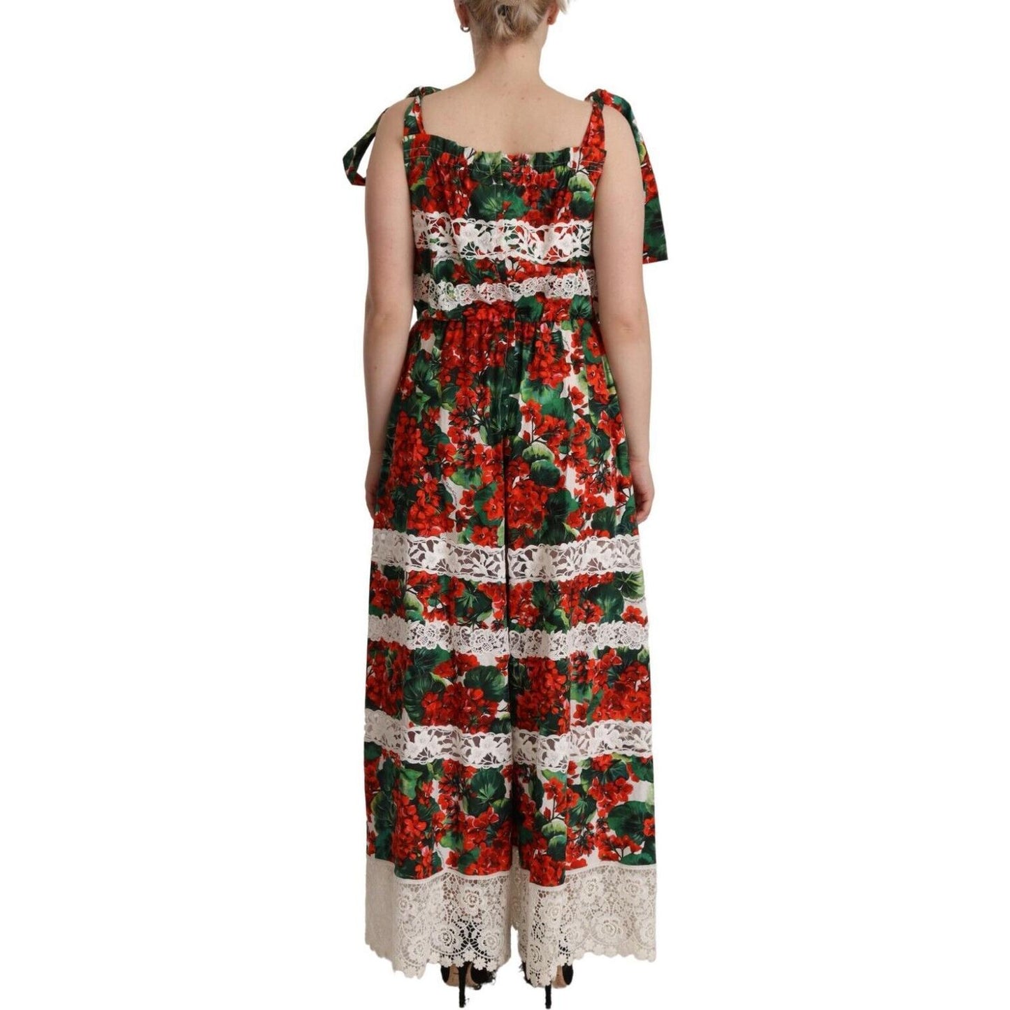 Dolce & Gabbana Multicolor Geranium Print Lace Long Maxi Dress