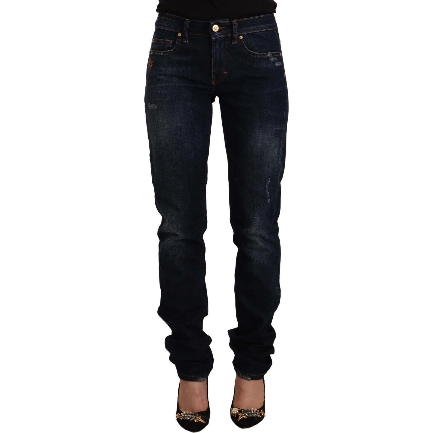 GF Ferre Dark Blue Washed Mid Waist Cotton Denim Skinny Jeans