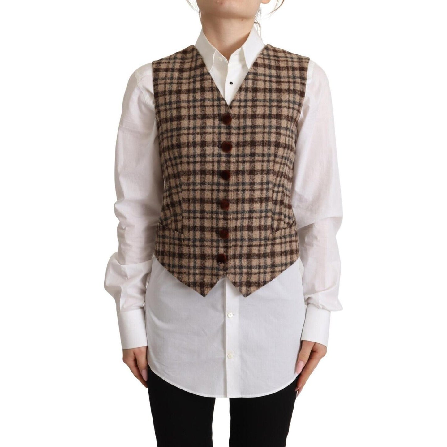 Dolce & Gabbana Brown Checkered Leopard V-neck Sleeveless Vest Top