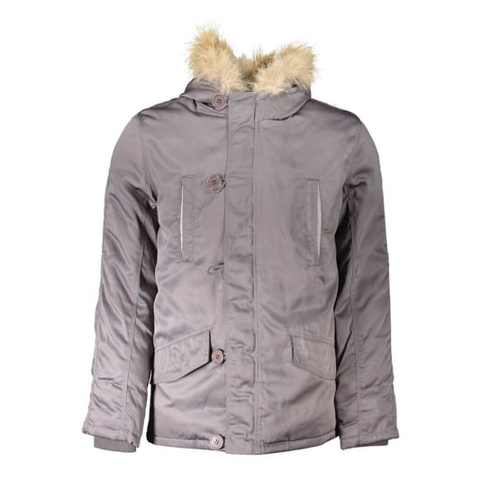 2 Special Gray Polyester Jackets & Coat with hood, real down padding, buttons, zip, and multiple pockets for versatile style.