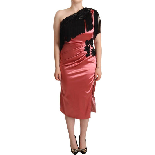 Dolce & Gabbana Pink One-Shoulder Silk Tassel Fringe Gown Mid Dress