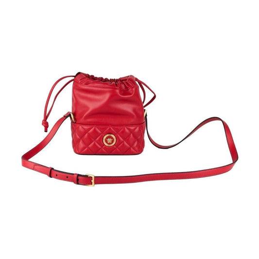 Versace Red Quilted Leather Drawstring Shoulder Bag Bucket Crossbody Handbag