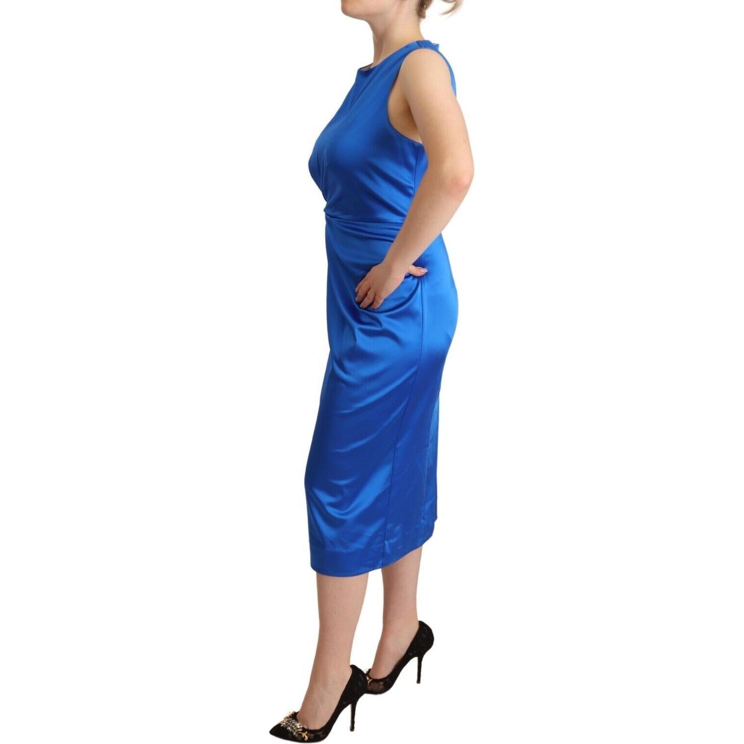 P.A.R.O.S.H. Blue Acetate Sleeveless Pleated Midi Sheath Dress