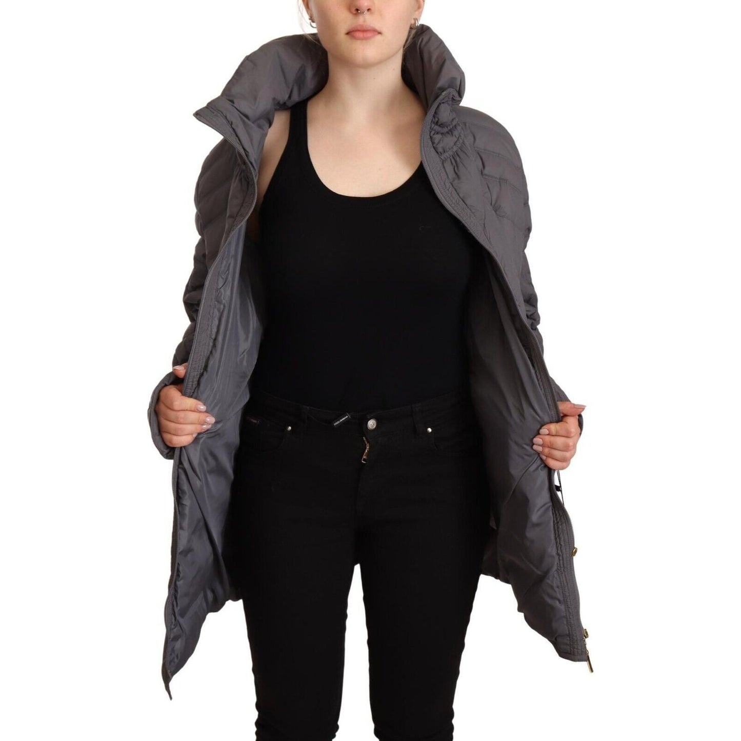 Roccobarocco Gray Quilted Long Sleeves Logo Patch Full Zip Jacket