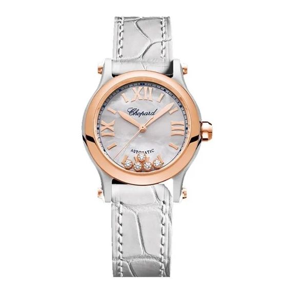 CHOPARD MOD. HAPPY SPORT AUTOMATIC W/Diamonds wristwatch with rose gold case and alligator leather strap, made in Switzerland.