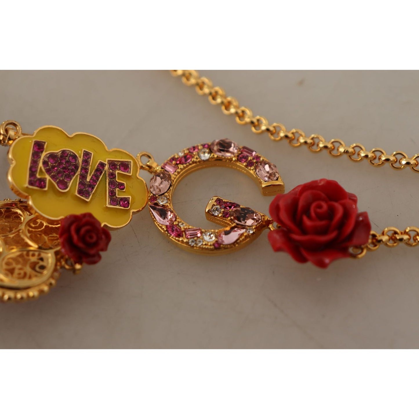 Dolce & Gabbana Gold Rose Love Crystal Charm Chain Necklace Necklace