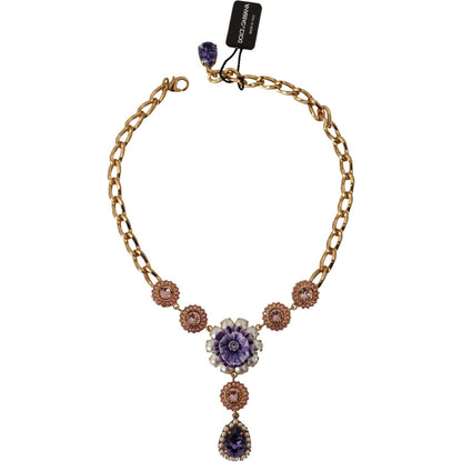Dolce & Gabbana Gold Brass Crystal Purple Pink Pearl Pendants Necklace Necklace