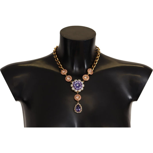 Dolce & Gabbana Gold Brass Crystal Purple Pink Pearl Pendants Necklace Necklace