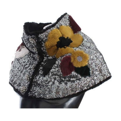 Dolce & Gabbana Silver Sequined Floral Weasel Fur Shoulder Scarf Wrap