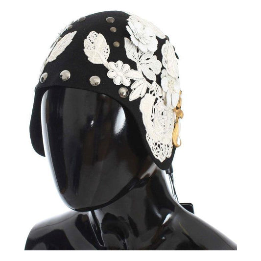 Dolce & Gabbana Black Wool White Floral Gold Leaf Hat MS838