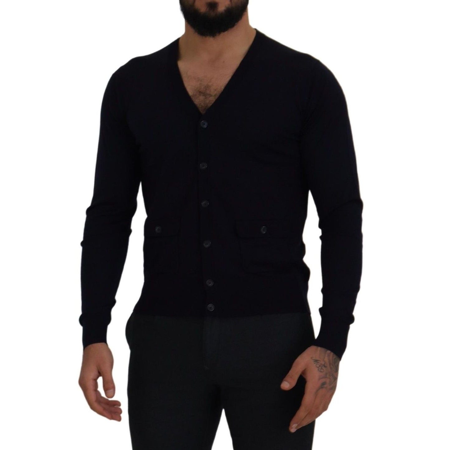 Dolce & Gabbana Blue Wool STAFF Down Cardigan Sweater