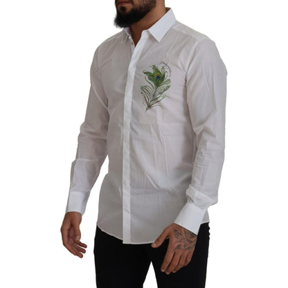 Dolce & Gabbana White Cotton Peacock Feather Formal GOLD Shirt