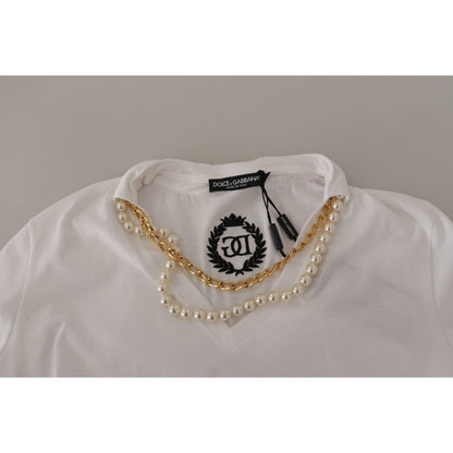 Dolce & Gabbana White Necklace Embellished Neckline T-shirt Top