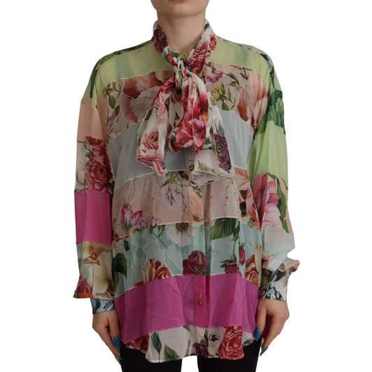 Dolce & Gabbana Multicolor Floral Patchwork Design Ascot Collar Top Blouse