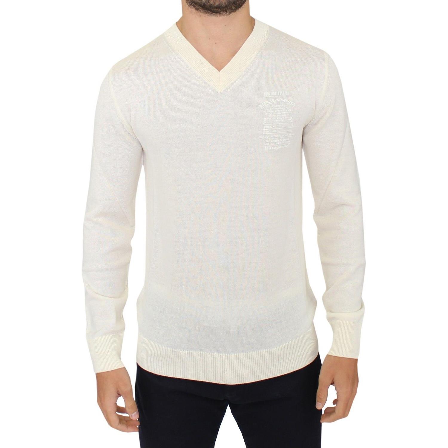Ermanno Scervino Off White Wool Blend V-neck Pullover Sweater
