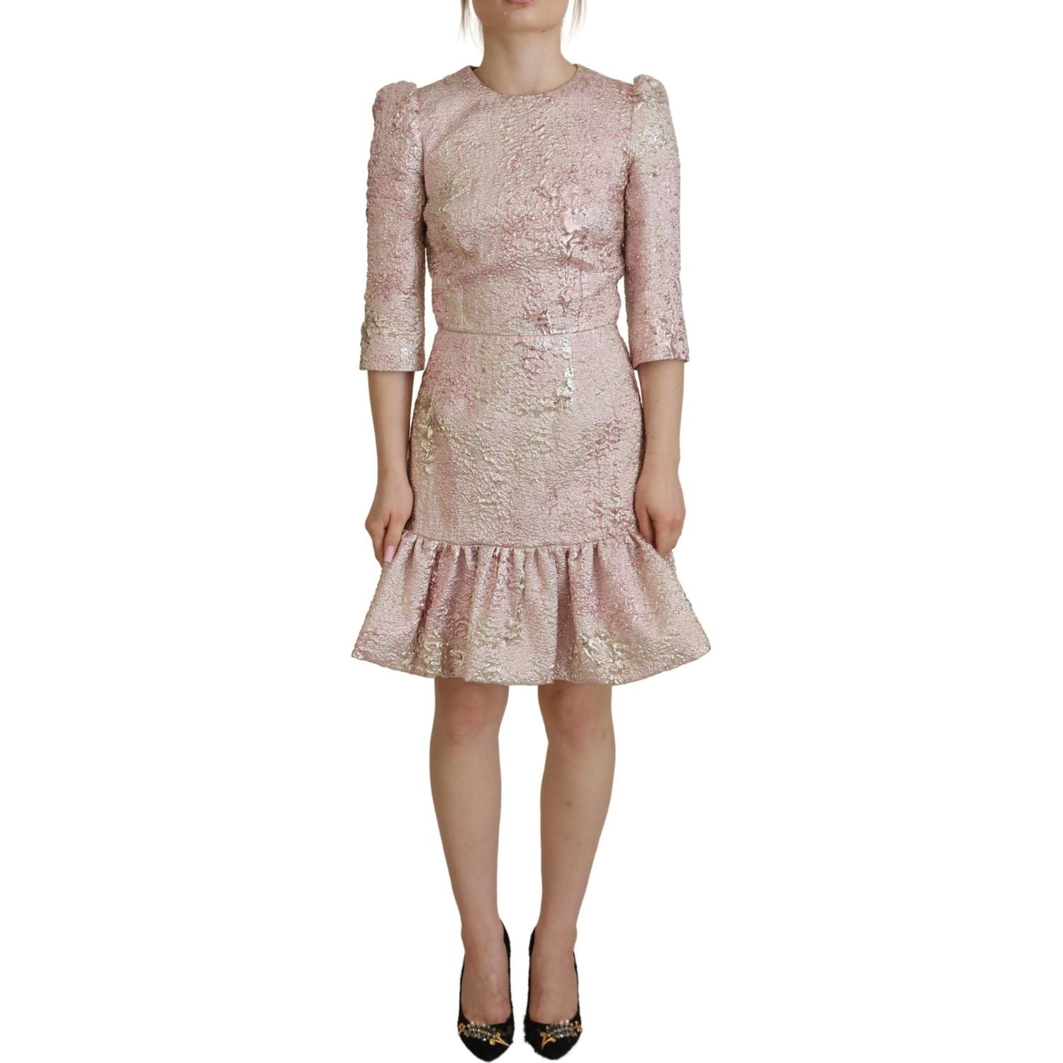 Dolce & Gabbana Pink Jaquard 3/4 Sleeve Sheath Midi Dress