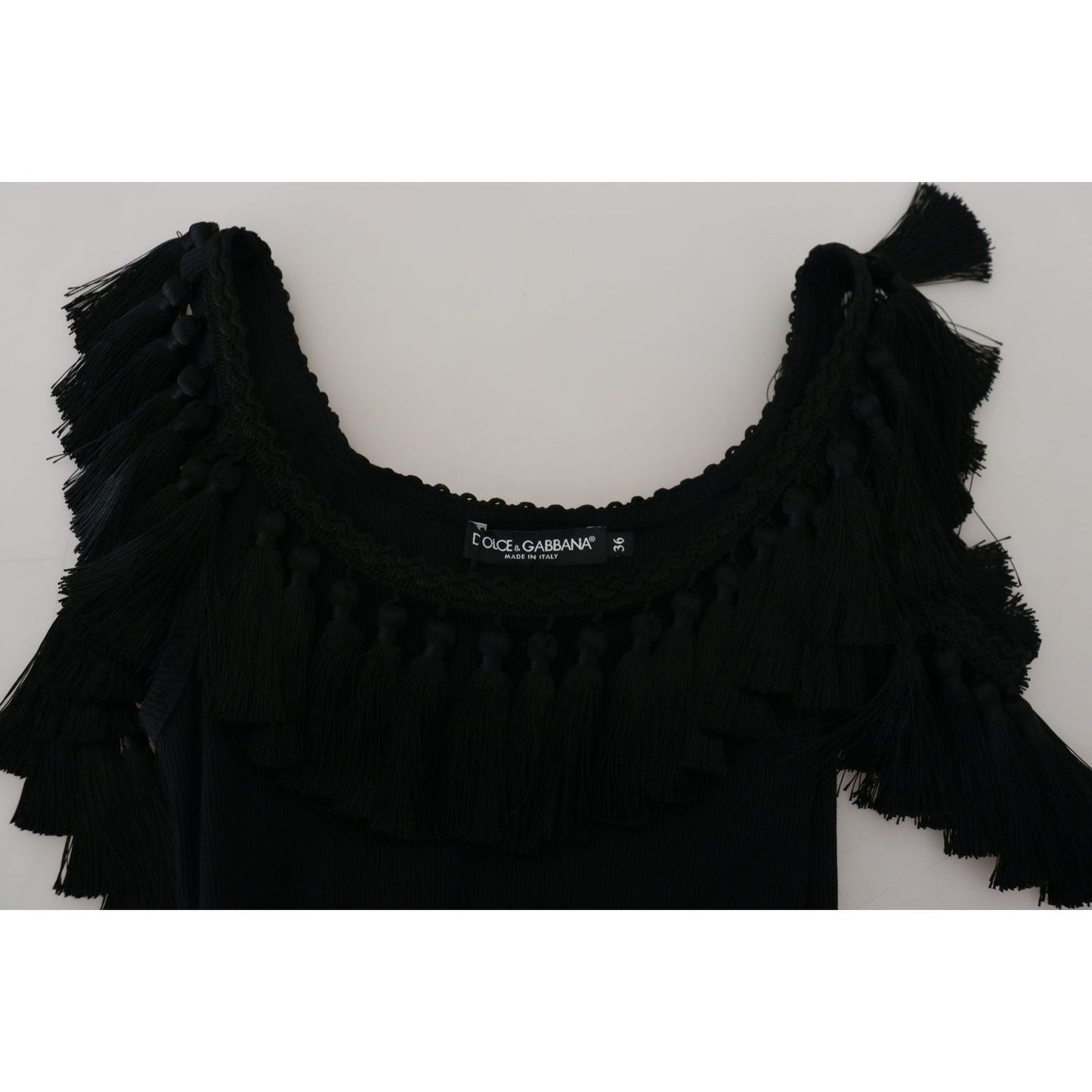 Dolce & Gabbana Black Tank Top Blouse Tassle Cotton Blouse