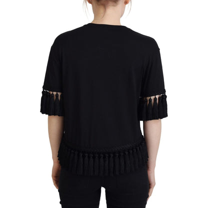 Dolce & Gabbana Black T-shirt Blouse Tassle Cotton Blouse