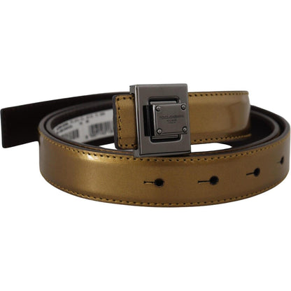 Dolce & Gabbana Gold Leather Silver Square Metal Buckle Belt