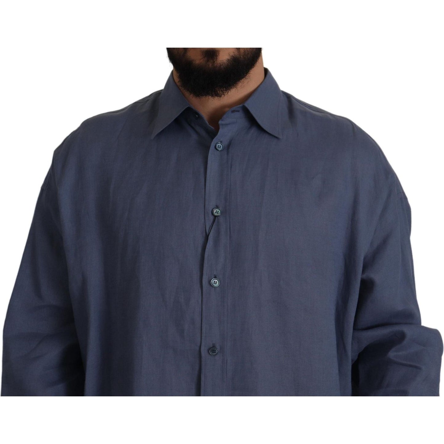 Dolce & Gabbana Dark Blue Linen Slim Fit Dress Formal Men Shirt