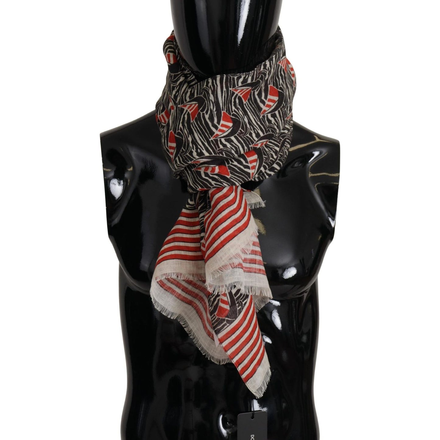 Dolce & Gabbana Black Red Linen Sailboat Stripe Print Shawl Scarf