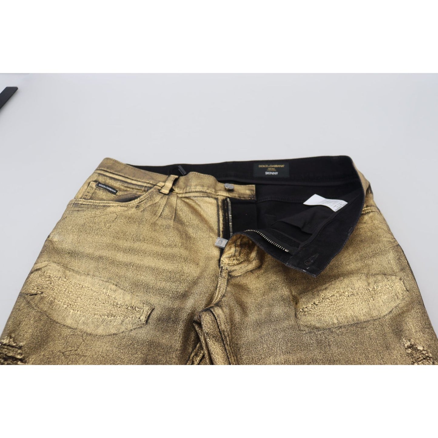Dolce & Gabbana Gold Cotton Tattered Skinny Men Denim Jeans