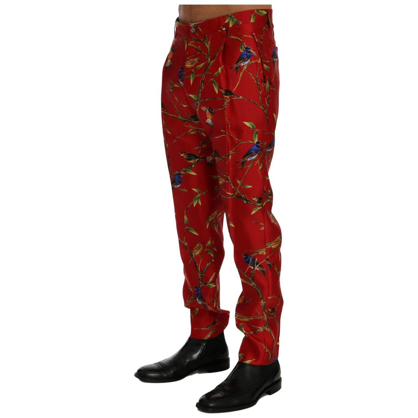 Dolce & Gabbana Red Silk Bird Print Dress Pants