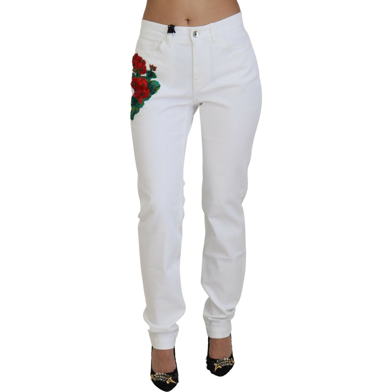Dolce & Gabbana White Floral Embroidery Skinny Denim Jeans