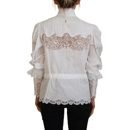 Dolce & Gabbana White Cotton Lace Trim Turtle Neck Blouse Top