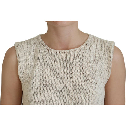 PINK MEMORIES Beige Cotton Blend Sleeveless Round Neck Tank Top