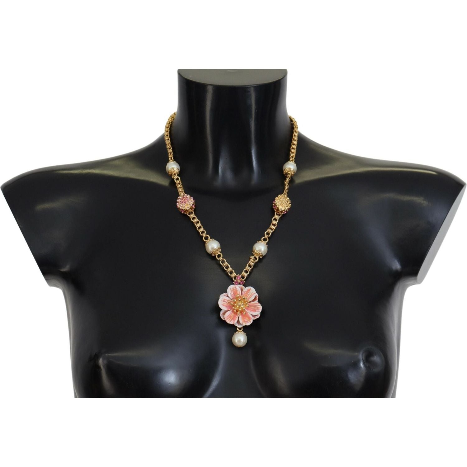 Dolce & Gabbana Gold Tone Floral Crystals Pink Embellished Necklace