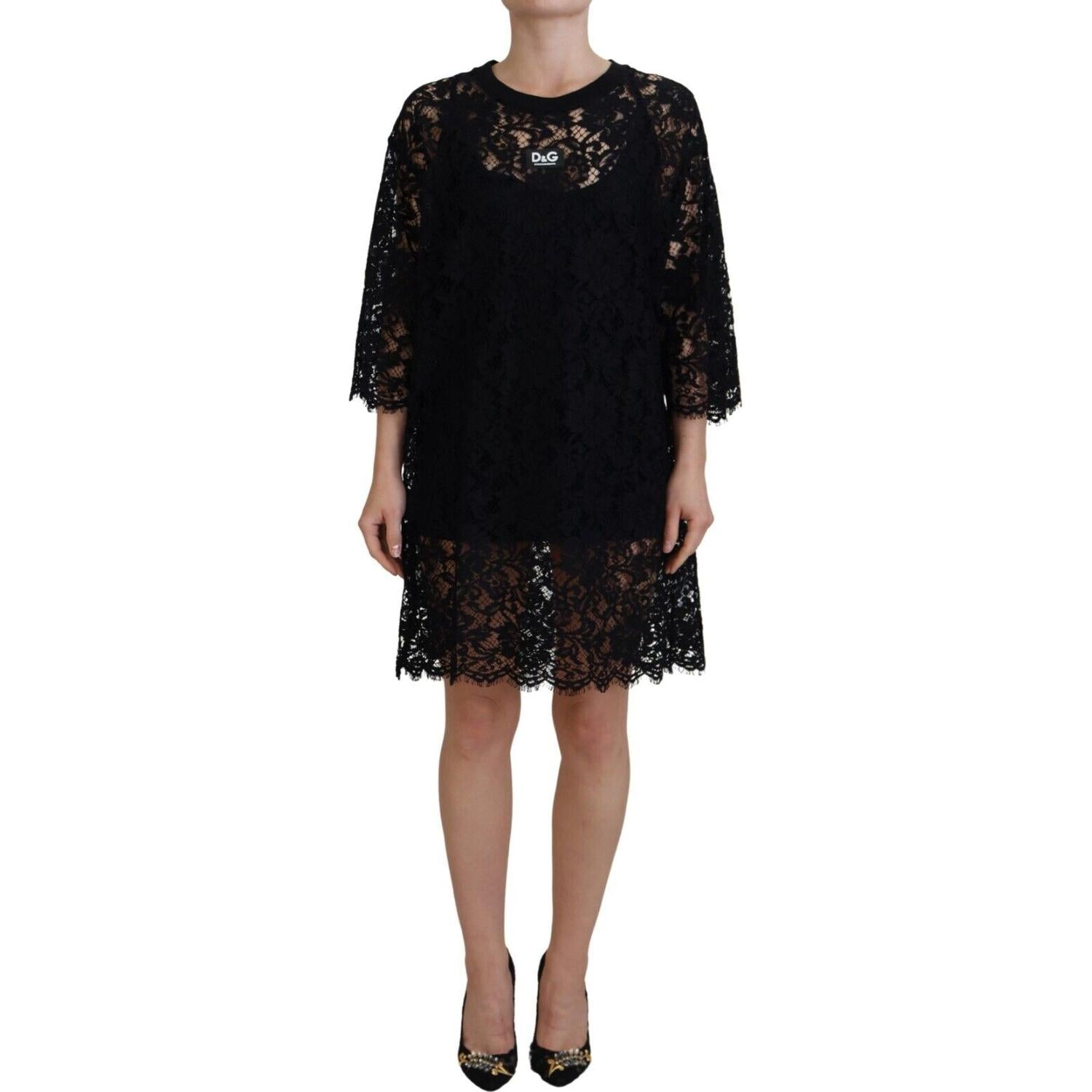 Dolce & Gabbana Black Floral Lace Cotton Shift Mini Dress