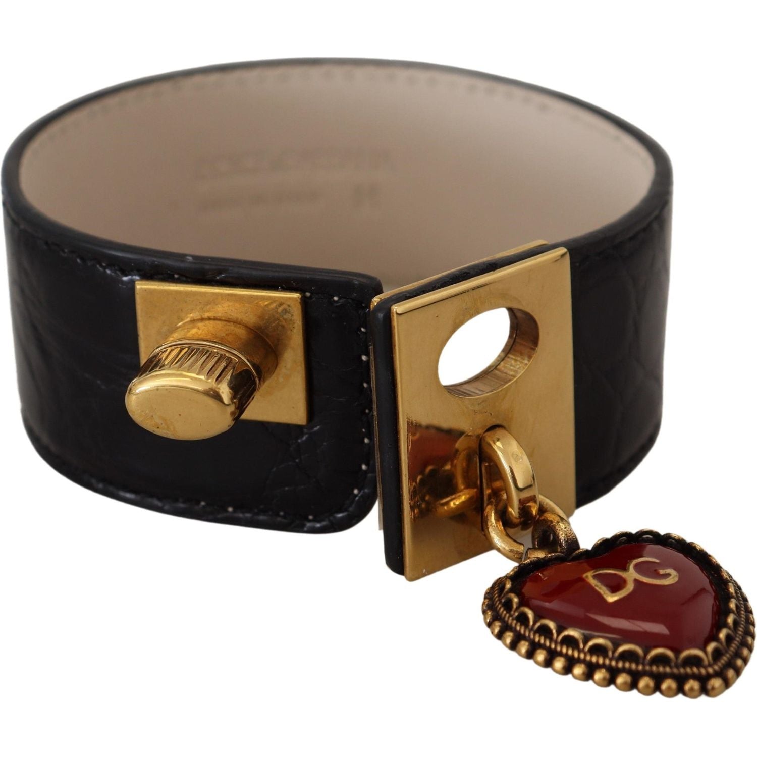 Dolce & Gabbana Black Dauphine Leather DG Heart Key Ring Bracelet