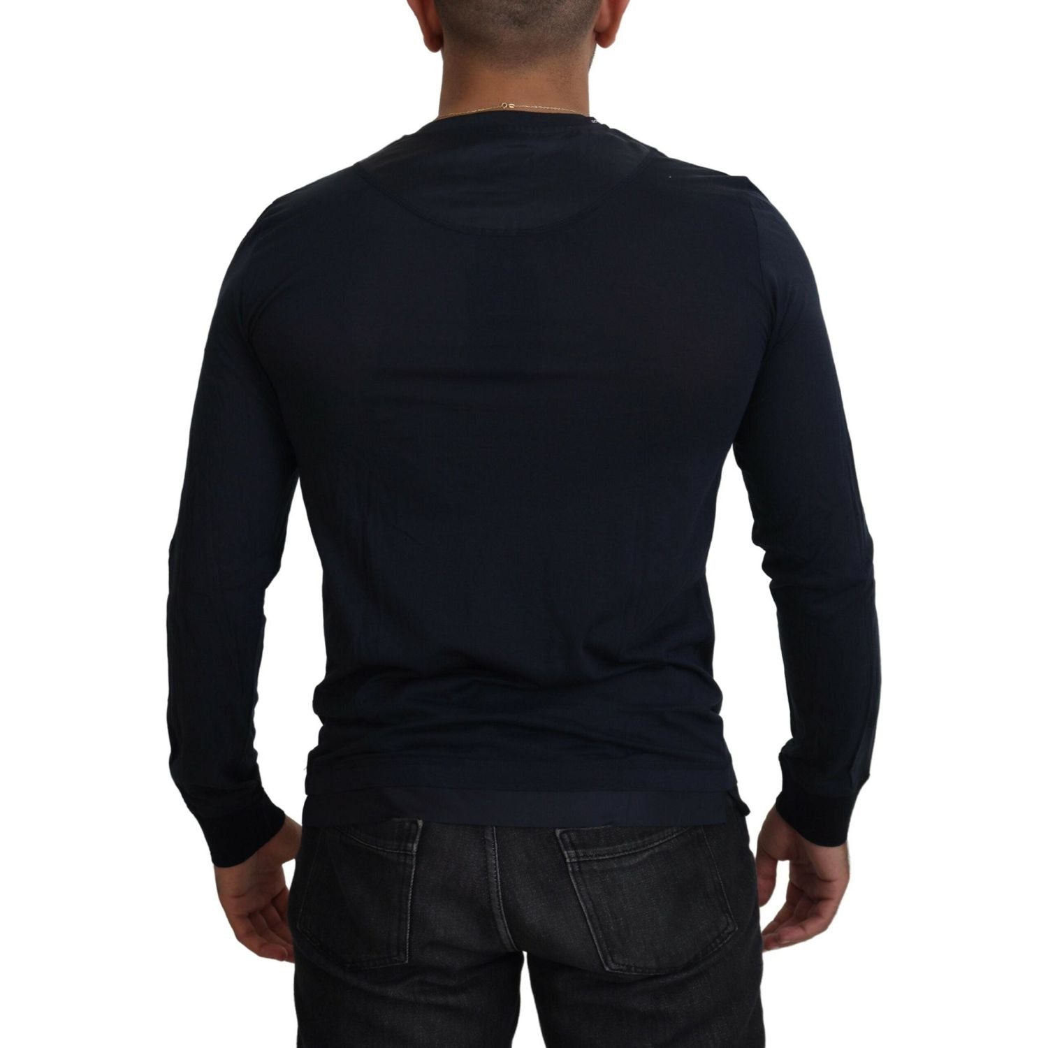 Dolce & Gabbana Blue Cotton Button Crewneck Pullover Sweater