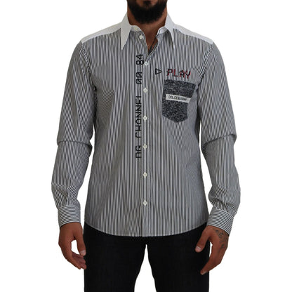 Dolce & Gabbana Black White Striped Printed Casual Cotton Shirt