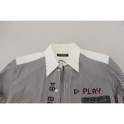 Dolce & Gabbana Black White Striped Printed Casual Cotton Shirt