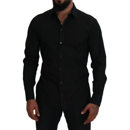 Dolce & Gabbana Black Cotton Collared Long Sleeve GOLD Shirt