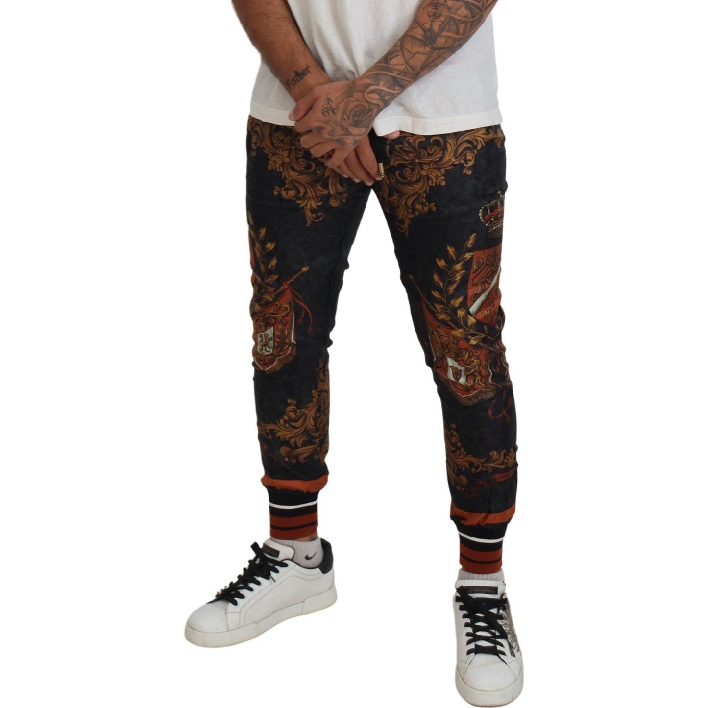 Dolce & Gabbana Gray Silk Baroque Crown Trousers Sport Pants