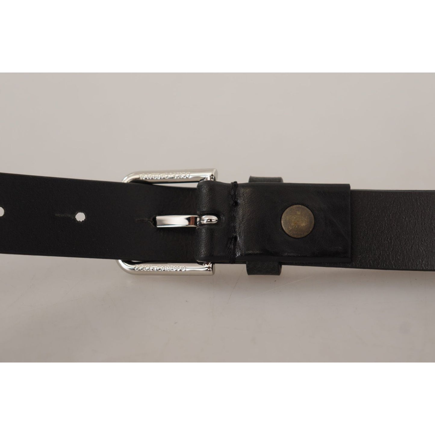 Dolce & Gabbana Black Calf Leather Silver Tone Logo Metal Buckle Belt