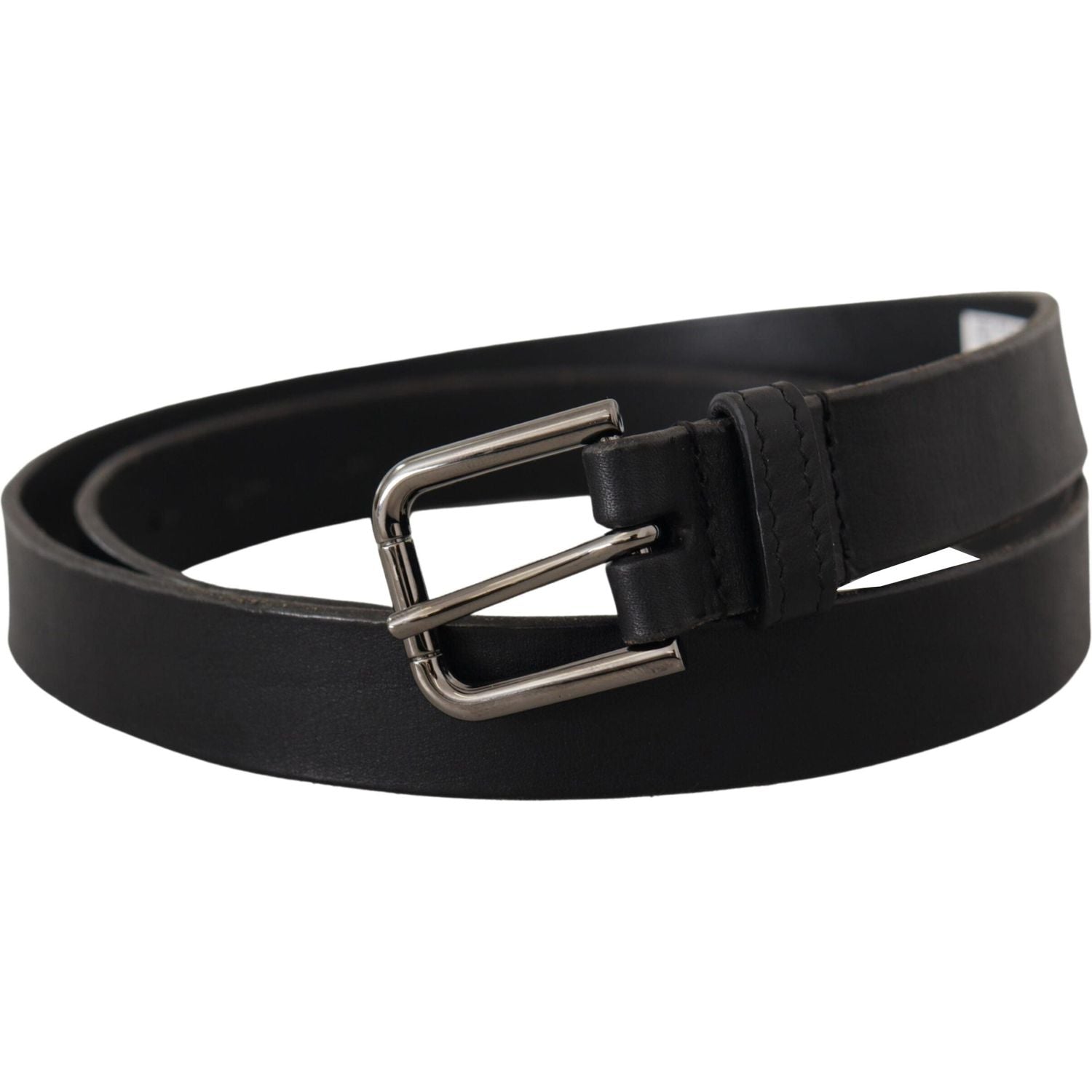 Dolce & Gabbana Black Calf Leather Logo Engraved Metal Buckle Belt