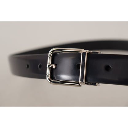 Dolce & Gabbana Black Calf Leather Silver Metal Logo Buckle Belt