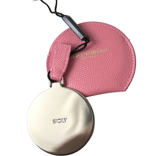 Dolce & Gabbana Pink Calfskin Leather Round Logo Print Hand Mirror Holder