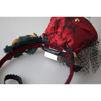 Dolce & Gabbana Red with multicolor Rose Silk Crystal Netted Logo Diadem Headband