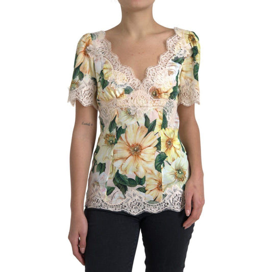 Dolce & Gabbana Multicolor Floral Lace V Neck Blouse